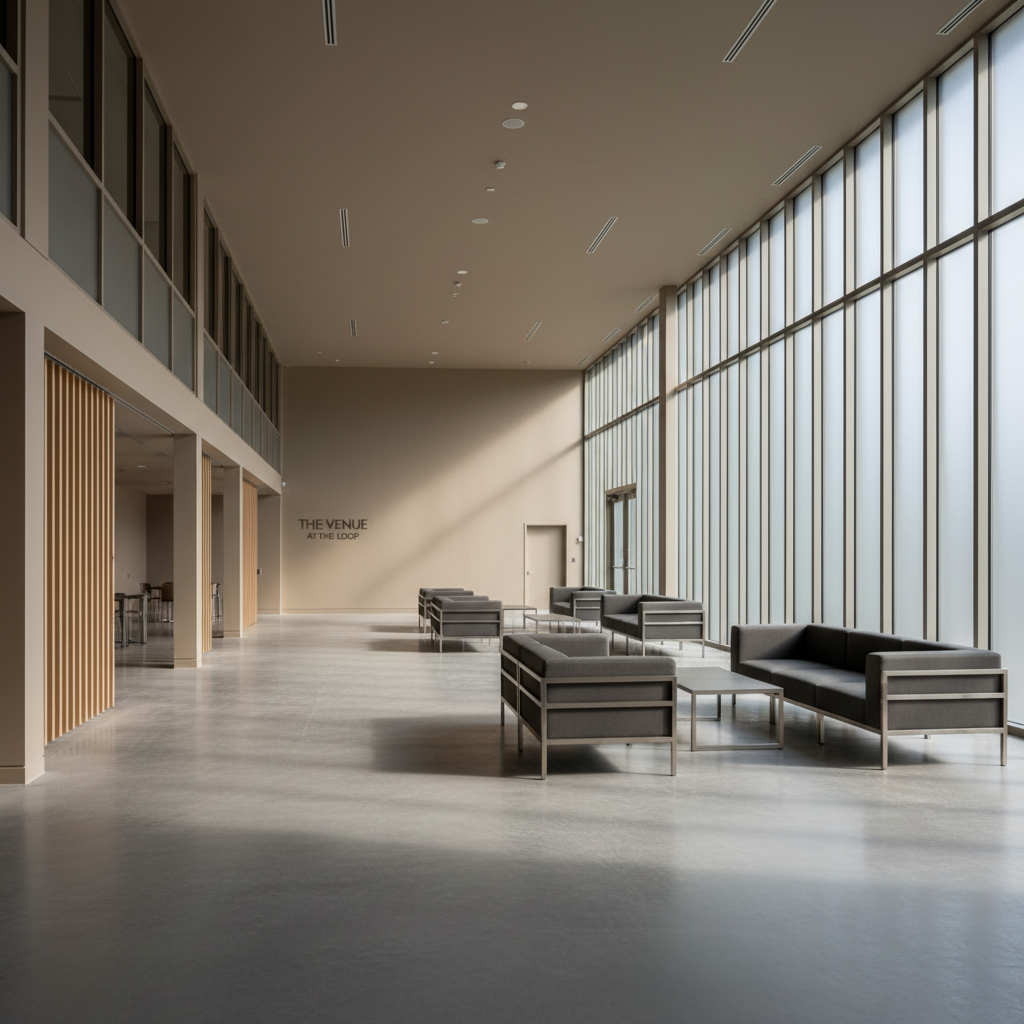 A wide, uncluttered view of a spacious, open event venue, showcasing a muted color palette of dove gray floors, soft taupe walls, and minimalist architectural accents. In the center, modular furniture with charcoal upholstery and brushed metal details forms subtle gathering zones. Floor-to-ceiling frosted glass panels line one side of the venue, diffusing gentle afternoon light throughout the space and creating soft shadows and gradients on the floor. Shot from a slightly elevated, wide-angle perspective, the image emphasizes openness and versatility, with crisp focus throughout. The composition is harmonious, radiating a calm, sophisticated energy—ideal for conveying the refined, flexible nature of The Venue at the Loop.