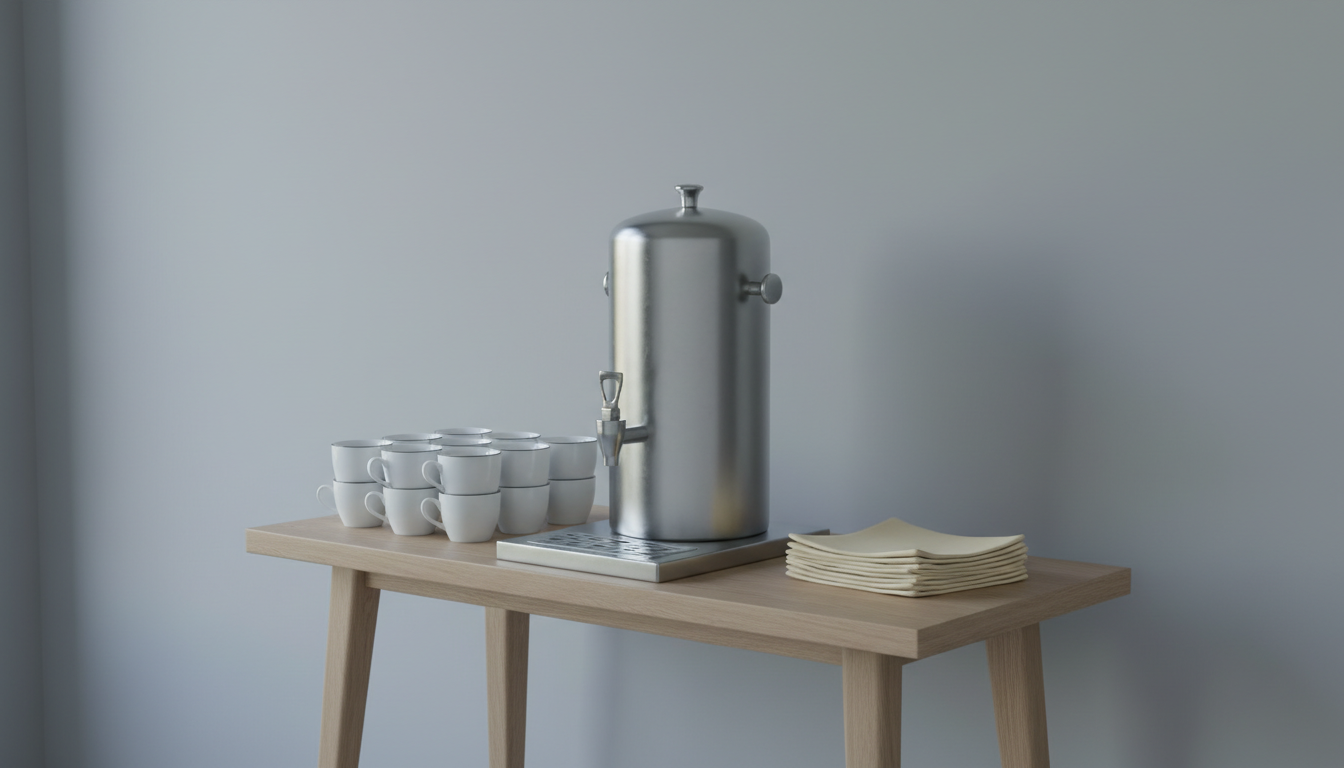 A tastefully arranged refreshment station featuring a brushed stainless steel beverage dispenser, a stack of crisp white porcelain cups, and neatly folded cloth napkins, all set on a slender oak credenza with minimalist lines. The backdrop shows a whisper-gray wall with barely-there gradient lighting, evoking soft elegance without distraction. Cool, diffused daylight from an unseen nearby window casts gentle, shadowless illumination, creating smooth tonal transitions and subtle reflections on metal and glass surfaces. Shot from a three-quarter angle, the composition is balanced yet uncluttered, conveying a serene, polished environment. The overall effect is understated sophistication, perfectly in line with an upscale, modern event space for professional gatherings.