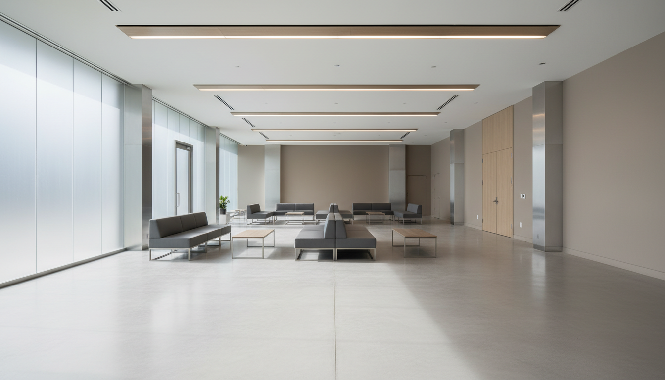 A wide, uncluttered view of a spacious, open event venue, showcasing a muted color palette of dove gray floors, soft taupe walls, and minimalist architectural accents. In the center, modular furniture with charcoal upholstery and brushed metal details forms subtle gathering zones. Floor-to-ceiling frosted glass panels line one side of the venue, diffusing gentle afternoon light throughout the space and creating soft shadows and gradients on the floor. Shot from a slightly elevated, wide-angle perspective, the image emphasizes openness and versatility, with crisp focus throughout. The composition is harmonious, radiating a calm, sophisticated energy—ideal for conveying the refined, flexible nature of The Venue at the Loop.