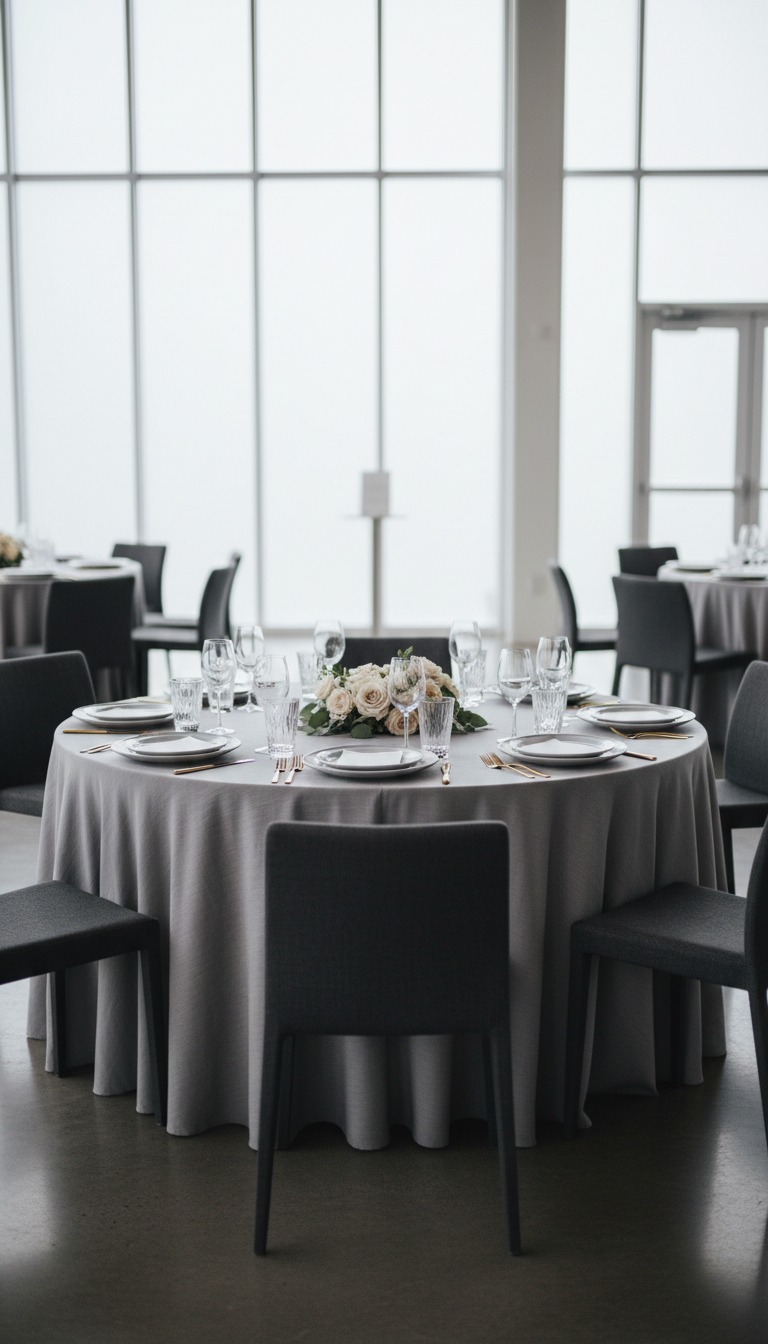 An elegantly set round table with a muted linen tablecloth, matte ceramic plates in soft gray, and clear crystal glassware, all arranged with precise symmetry as the centerpiece of a modern event venue. Surrounding the table, minimalist upholstered dining chairs in gentle charcoal stand atop a sleek polished concrete floor. Warm natural daylight pours in from tall, frosted windows, producing soft, diffuse highlights along the tabletop and subtle gradients on surrounding surfaces. The scene is captured straight-on at eye-level, using a shallow depth of field to draw focus to the table details while softly blurring the airy, spacious venue in the background. The mood is refined and inviting, with a sophisticated, minimalist photographic realism supporting the venue’s premium event atmosphere.