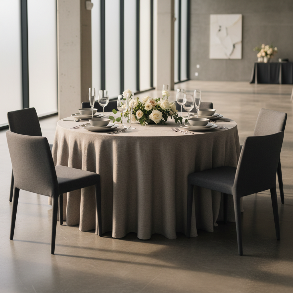 An elegantly set round table with a muted linen tablecloth, matte ceramic plates in soft gray, and clear crystal glassware, all arranged with precise symmetry as the centerpiece of a modern event venue. Surrounding the table, minimalist upholstered dining chairs in gentle charcoal stand atop a sleek polished concrete floor. Warm natural daylight pours in from tall, frosted windows, producing soft, diffuse highlights along the tabletop and subtle gradients on surrounding surfaces. The scene is captured straight-on at eye-level, using a shallow depth of field to draw focus to the table details while softly blurring the airy, spacious venue in the background. The mood is refined and inviting, with a sophisticated, minimalist photographic realism supporting the venue’s premium event atmosphere.