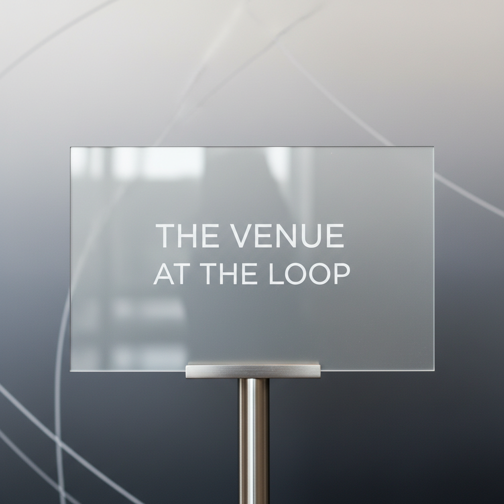 A detailed photographic close-up of a sophisticated welcome sign: a frosted acrylic plaque with minimalistic white text displaying "The Venue at the Loop," mounted on a slim brushed metal stand. The sign stands against a softly graduated wall in muted grays, its surface catching diffused daylight and producing gentle refractions and muted highlights. The surrounding setting remains out of focus, hinting at refined architectural elements beyond. Captured frontally with precise framing and crisp focus on the sign, the atmosphere is tasteful and professional, reflecting the classy, modern branding of an upscale event venue.