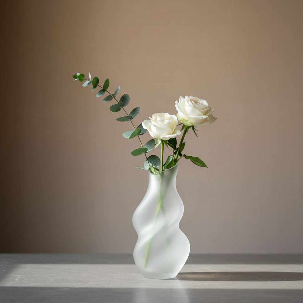 A close-up of a single, elegant centerpiece: a frosted glass vase with a sculptural form, holding a few minimalist sprigs of greenery and white florals, set on a muted stone surface. The background is an out-of-focus gradient wall in soft taupe, with subtle texture. Gentle, indirect window light softly caresses the vase, creating a glowing highlight on the glass and faint, diffused shadows on the tabletop. The shot is composed with shallow depth of field and rule-of-thirds placement, emphasizing refined detail and quiet luxury. The style is minimalist photographic realism, supporting the sophisticated ambiance of a modern event venue setting.